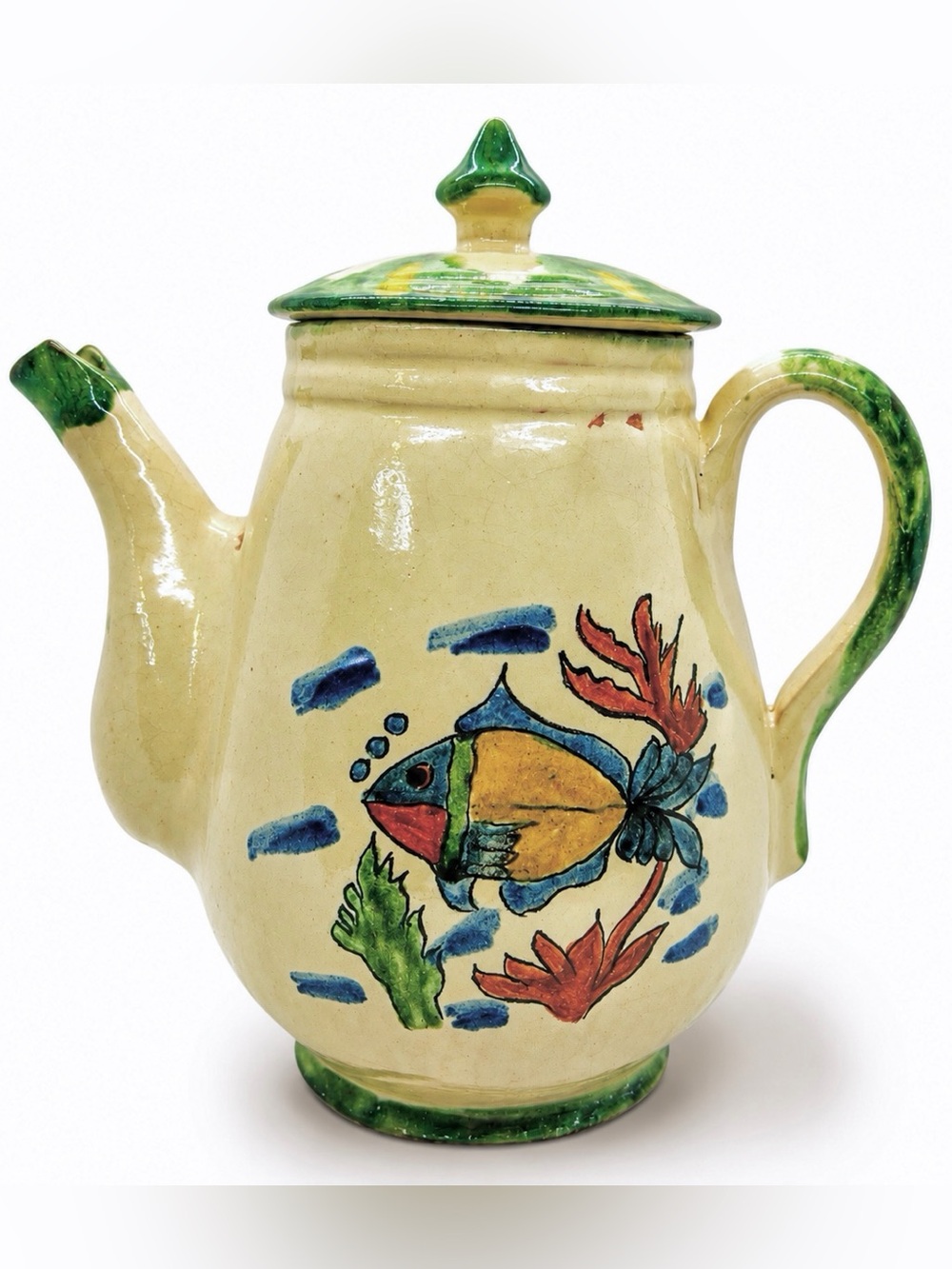 Vintage Mexican Tonala Fish Pottery Teapot Hand Painted Folk Art Pitcher
